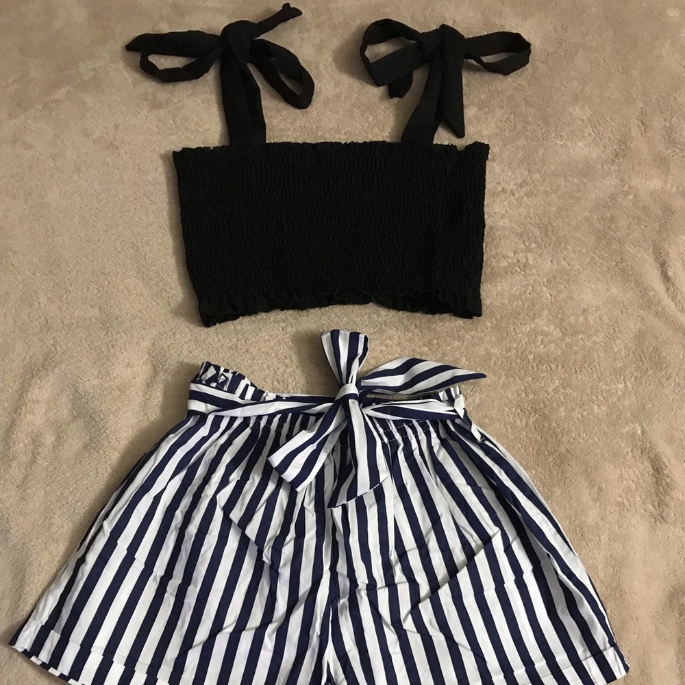 Self ties shoulder smocked top & striped self tie